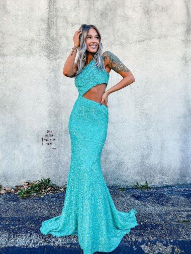 Best Mermaid One Shoulder Sleeveless Long Sweep Train Velvet Sequin Prom Dress UK