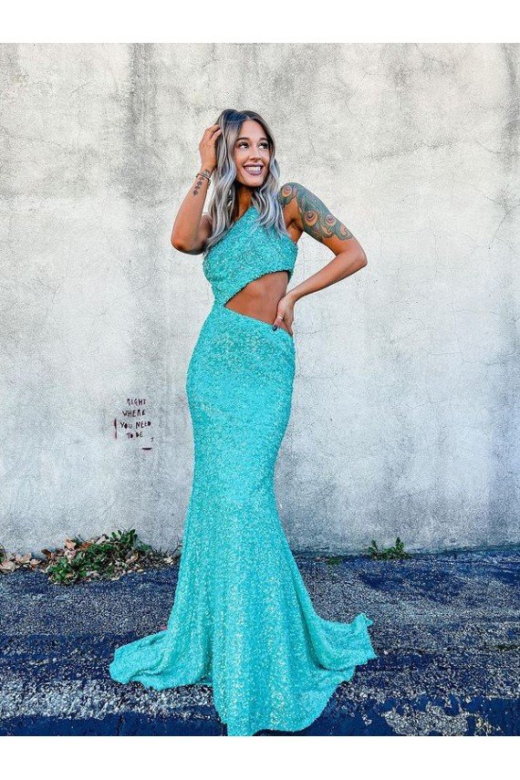 Best Mermaid One Shoulder Sleeveless Long Sweep Train Velvet Sequin Prom Dress UK