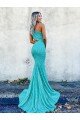 Best Mermaid One Shoulder Sleeveless Long Sweep Train Velvet Sequin Prom Dress UK