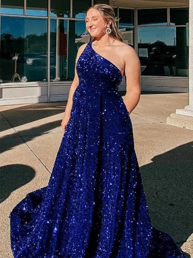 Best A-Line One Shoulder Sleeveless Long Sweep Train Velvet Sequin Prom Dress with Pockets UK