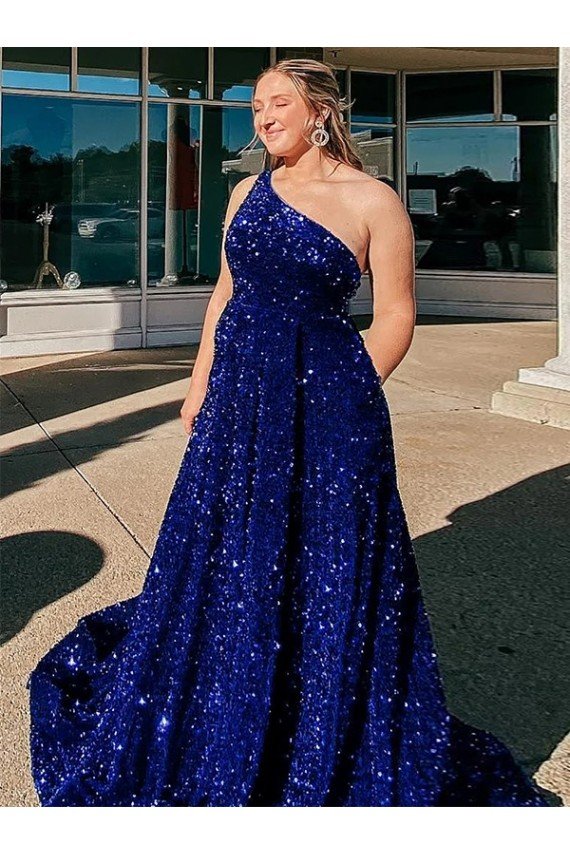Best A-Line One Shoulder Sleeveless Long Sweep Train Velvet Sequin Prom Dress with Pockets UK
