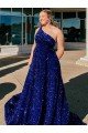 Best A-Line One Shoulder Sleeveless Long Sweep Train Velvet Sequin Prom Dress with Pockets UK
