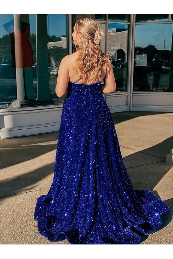 Best A-Line One Shoulder Sleeveless Long Sweep Train Velvet Sequin Prom Dress with Pockets UK