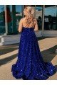 Best A-Line One Shoulder Sleeveless Long Sweep Train Velvet Sequin Prom Dress with Pockets UK
