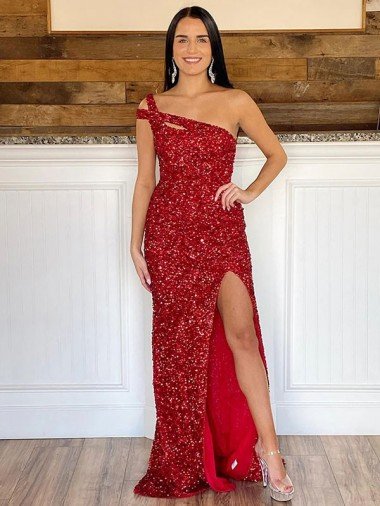 Best One Shoulder Sleeveless Long Sweep Train Velvet Sequin Prom Dress UK