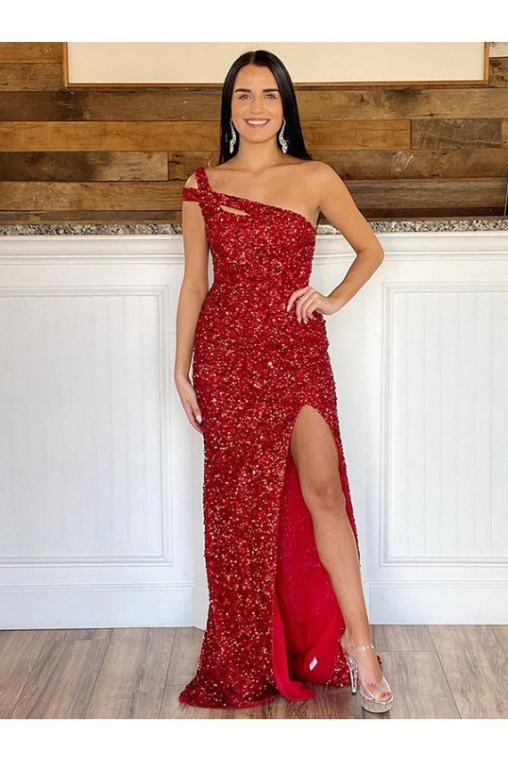 Best One Shoulder Sleeveless Long Sweep Train Velvet Sequin Prom Dress UK