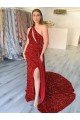Best One Shoulder Sleeveless Long Court Train Velvet Sequin Prom Dress with Slit UK