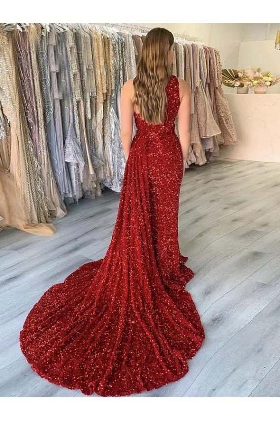 Best One Shoulder Sleeveless Long Court Train Velvet Sequin Prom Dress with Slit UK