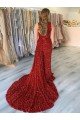 Best One Shoulder Sleeveless Long Court Train Velvet Sequin Prom Dress with Slit UK