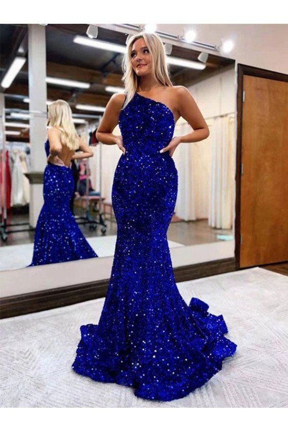 Best Mermaid One Shoulder Open Back Long Sweep Train Velvet Sequin Prom Dress UK