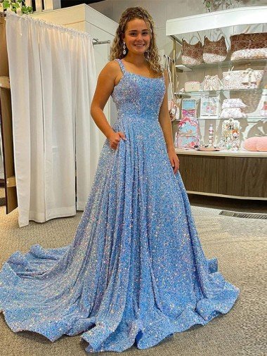 Best A-Line Scoop Sleeveless Long Court Train Velvet Sequin Prom Dress UK