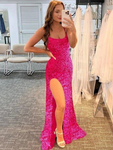 Best Spaghetti Straps Sleeveless Long Velvet Sequin Prom Dress with Slit and Criss Cross Open Back UK