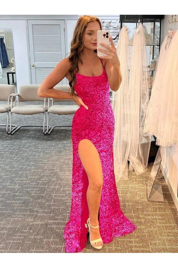 Best Spaghetti Straps Sleeveless Long Velvet Sequin Prom Dress with Slit and Criss Cross Open Back UK