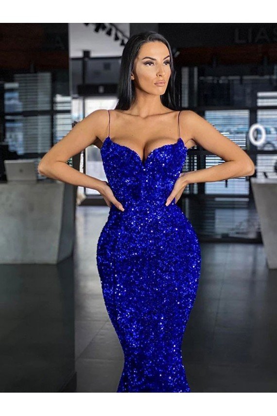 Best Mermaid Spaghetti Straps Sleeveless Long Sweep Train Velvet Sequin Prom Dress UK