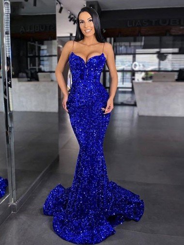 Best Mermaid Spaghetti Straps Sleeveless Long Sweep Train Velvet Sequin Prom Dress UK