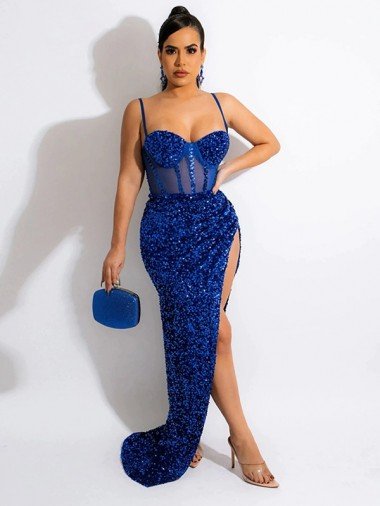 Best Long Sweep Train Spaghetti Straps Sleeveless Velvet Sequin Prom Dress with Slit UK
