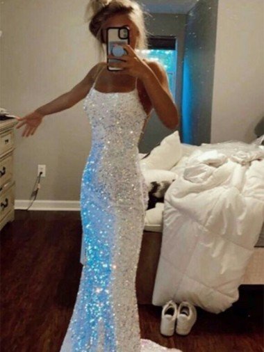 Best Long Spaghetti Straps Sleeveless Sweep Train Velvet Sequin Prom Dress UK