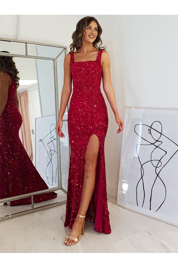 Best Square Neck Sleeveless Long Velvet Sequin Prom Dress with Slit UK