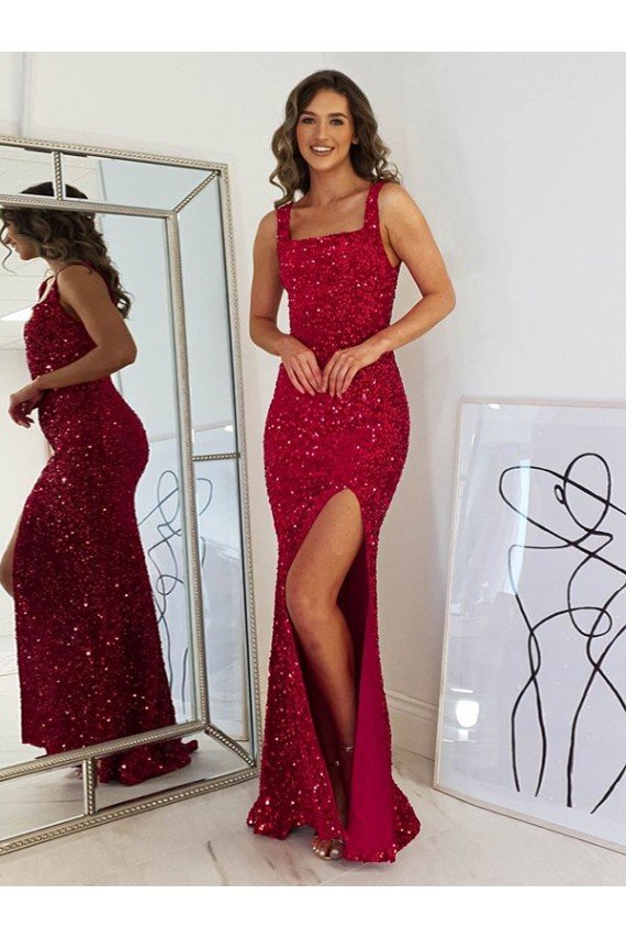 Best Square Neck Sleeveless Long Velvet Sequin Prom Dress with Slit UK