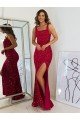 Best Square Neck Sleeveless Long Velvet Sequin Prom Dress with Slit UK