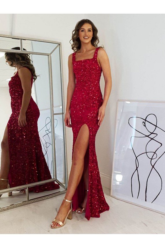 Best Square Neck Sleeveless Long Velvet Sequin Prom Dress with Slit UK