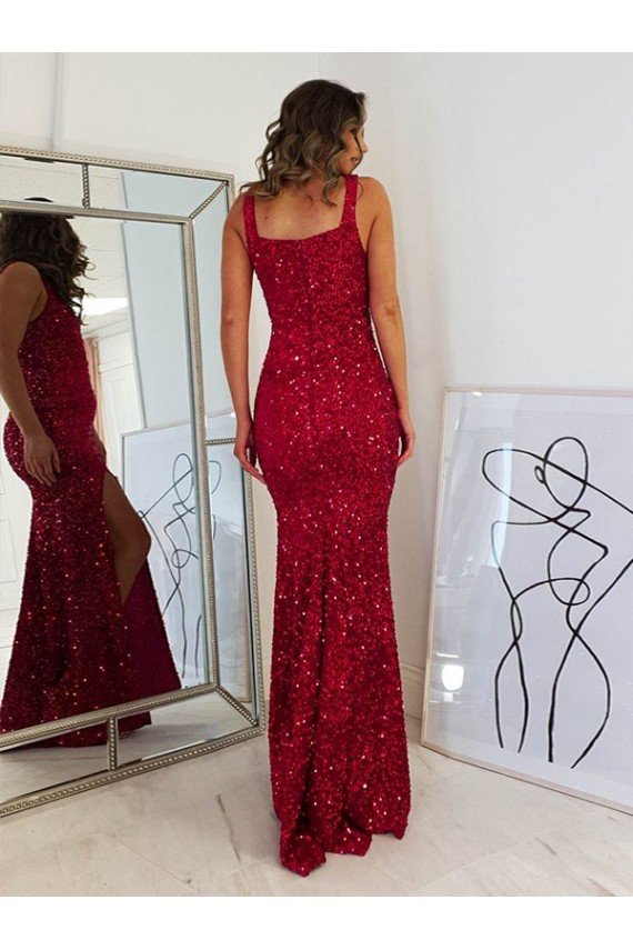 Best Square Neck Sleeveless Long Velvet Sequin Prom Dress with Slit UK