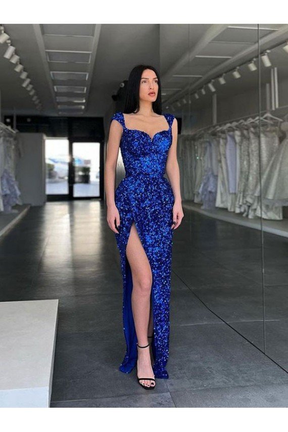 Best Sleeveless Long Sweep Train Velvet Sequin Prom Dress with High Slit and Straps UK