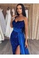 Best Sweetheart Sleeveless Long Sweep Train Velvet Sequin Prom Dress with Slit UK