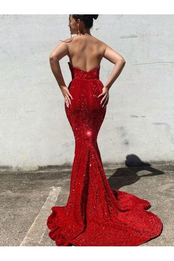 Best Mermaid Sweetheart Sleeveless Long Court Train Velvet Sequin Prom Dress UK