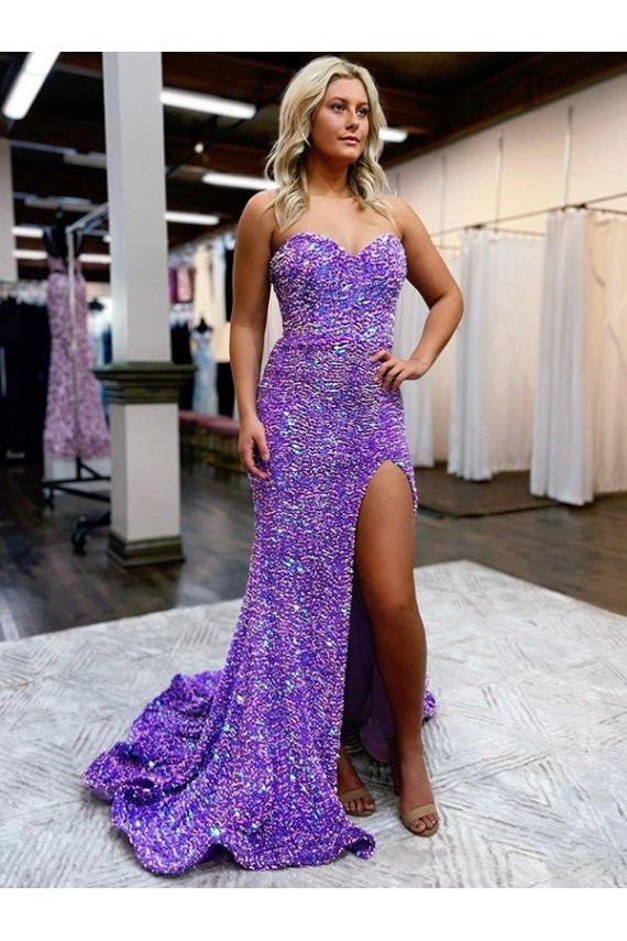 Best A-Line Sweetheart Sleeveless Long Velvet Sequin Prom Dress with Slit UK