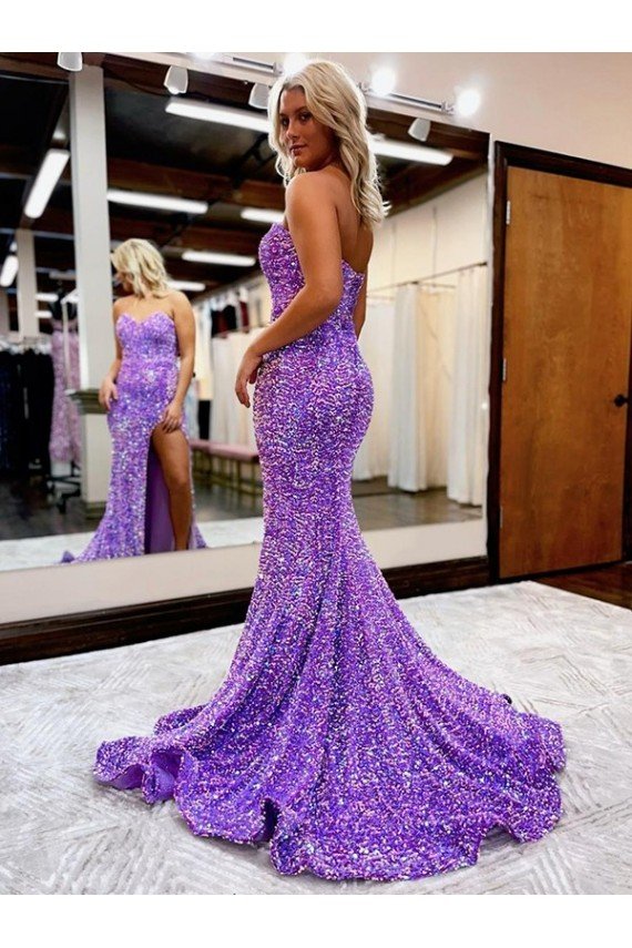 Best A-Line Sweetheart Sleeveless Long Velvet Sequin Prom Dress with Slit UK