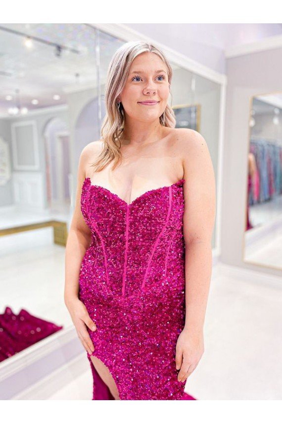 Best Long Sweetheart Sleeveless Sweep Train Velvet Sequin Prom Dress with Slit UK