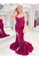 Best Long Sweetheart Sleeveless Sweep Train Velvet Sequin Prom Dress with Slit UK