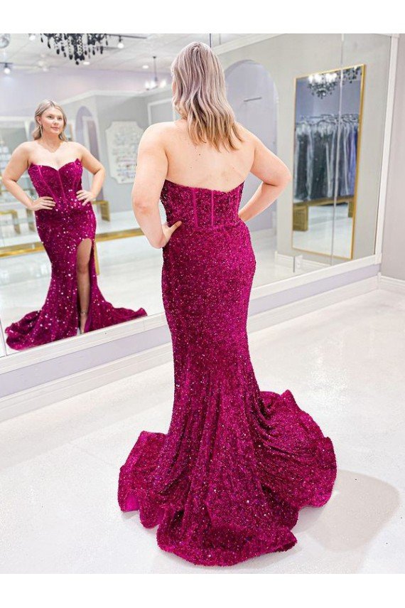 Best Long Sweetheart Sleeveless Sweep Train Velvet Sequin Prom Dress with Slit UK