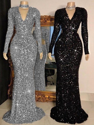 Best V-Neck Long Sleeves Long Sweep Train Velvet Sequin Prom Dress UK