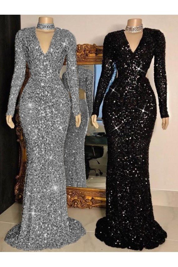 Best V-Neck Long Sleeves Long Sweep Train Velvet Sequin Prom Dress UK