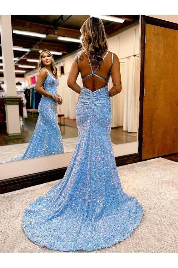 Best Criss Cross Open Back V-Neck Sleeveless Long Velvet Sequin Prom Dress UK