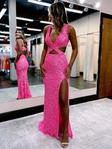 Best Long V-Neck Sleeveless Sweep Train Velvet Sequin Prom Dress with High Slit UK