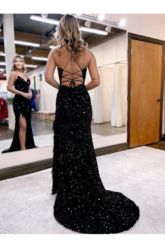 Best V-Neck Sleeveless Long Velvet Sequin Royal Blue Prom Dress with Side Slit UK