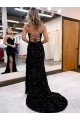 Best V-Neck Sleeveless Long Velvet Sequin Royal Blue Prom Dress with Side Slit UK