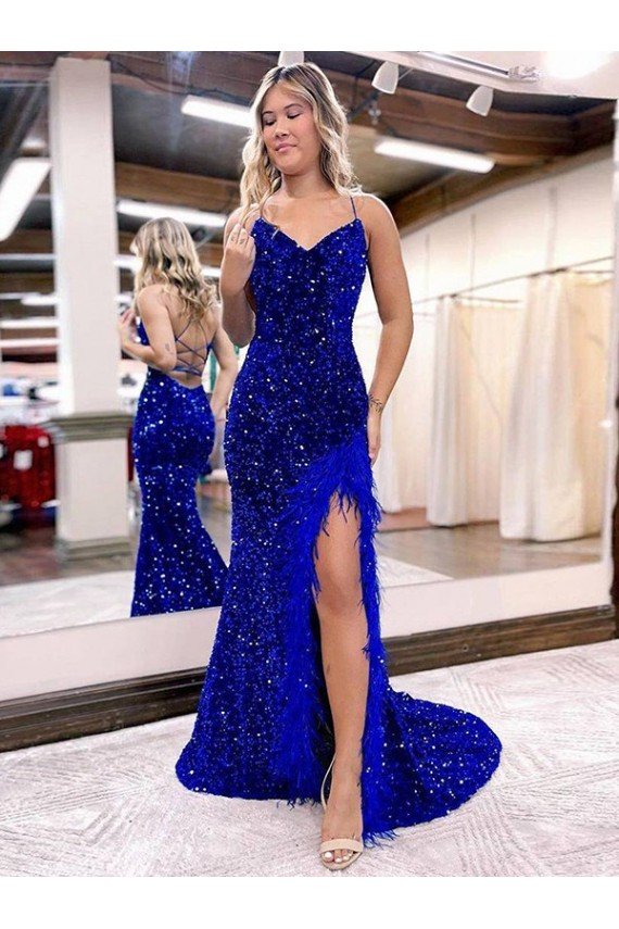 Best V-Neck Sleeveless Long Velvet Sequin Royal Blue Prom Dress with Side Slit UK