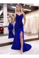Best V-Neck Sleeveless Long Velvet Sequin Royal Blue Prom Dress with Side Slit UK
