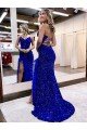 Best V-Neck Sleeveless Long Velvet Sequin Royal Blue Prom Dress with Side Slit UK