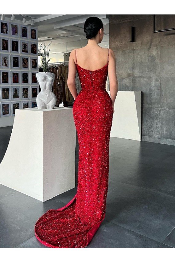 Best V-Neck Sleeveless Long Sweep Train Velvet Sequin Prom Dress with High Side Slit UK
