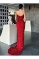 Best V-Neck Sleeveless Long Sweep Train Velvet Sequin Prom Dress with High Side Slit UK