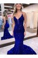 Best Mermaid V-Neck Sleeveless Long Court Train Velvet Sequin Prom Dress UK