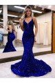 Best Mermaid V-Neck Sleeveless Long Court Train Velvet Sequin Prom Dress UK
