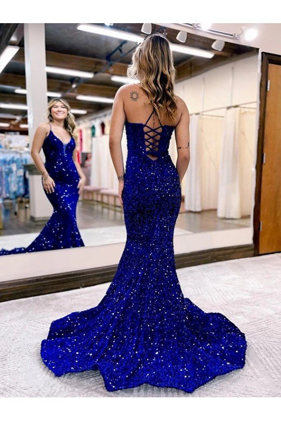Best Mermaid V-Neck Sleeveless Long Court Train Velvet Sequin Prom Dress UK