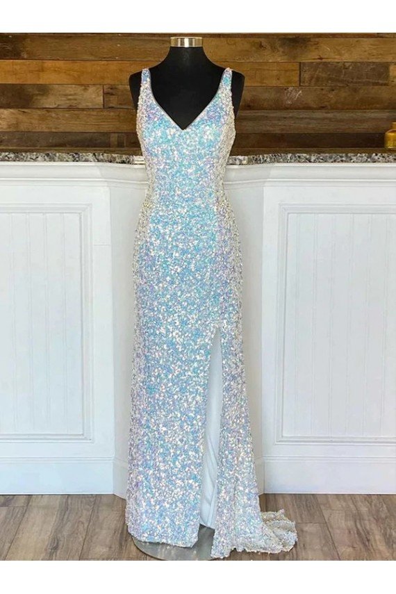 Best V-Neck Sleeveless Long Sweep Train Velvet Sequin Prom Dress UK