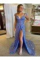 Best A-Line V-Neck Sleeveless Long Court Train Velvet Sequin Prom Dress with High Slit UK